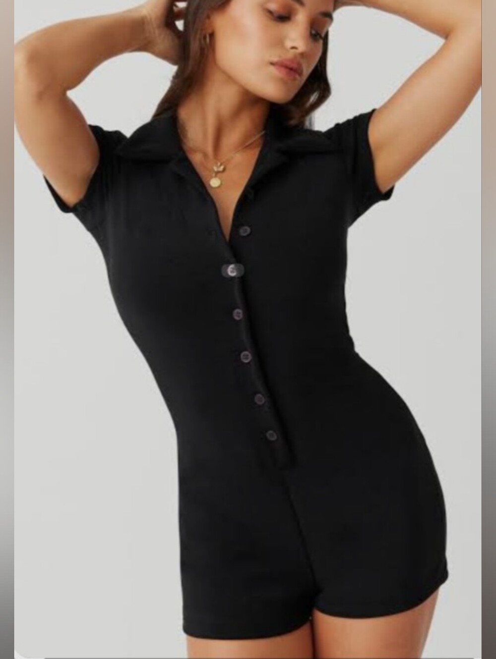 NWT Black Ribbed Short-Sleeve Button Front Romper